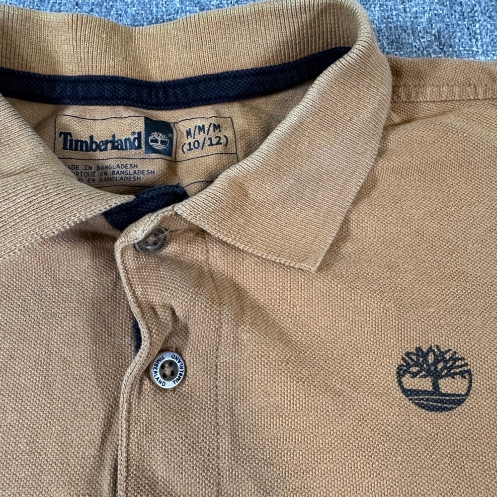 Timberland Boys Polo Shirt Size M 10/12 Tan Wheat Cotton Short Sleeve Logo Top